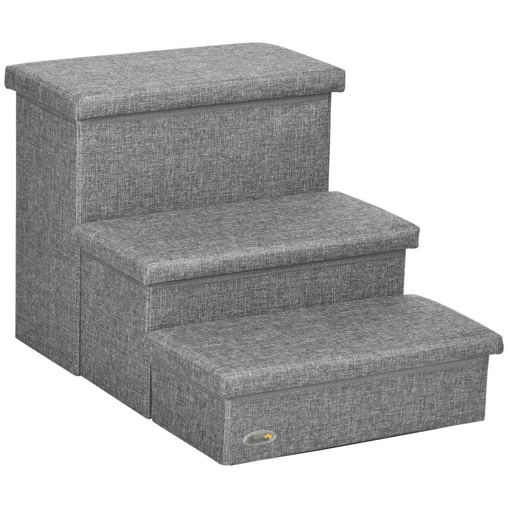 Pawhut 3 Step Dog Steps with Storage Boxes, Cat Stairs for Bed Sofa, Light Grey