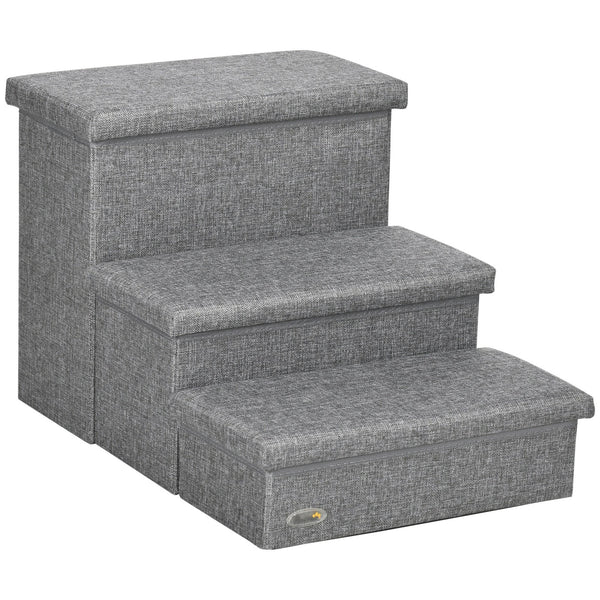 Pawhut 3 Step Dog Steps with Storage Boxes, Cat Stairs for Bed Sofa, Light Grey