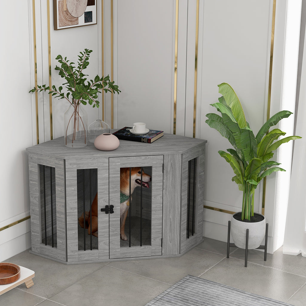 Dog Crate Furniture End Table, Dog Cage with Cushion - Grey