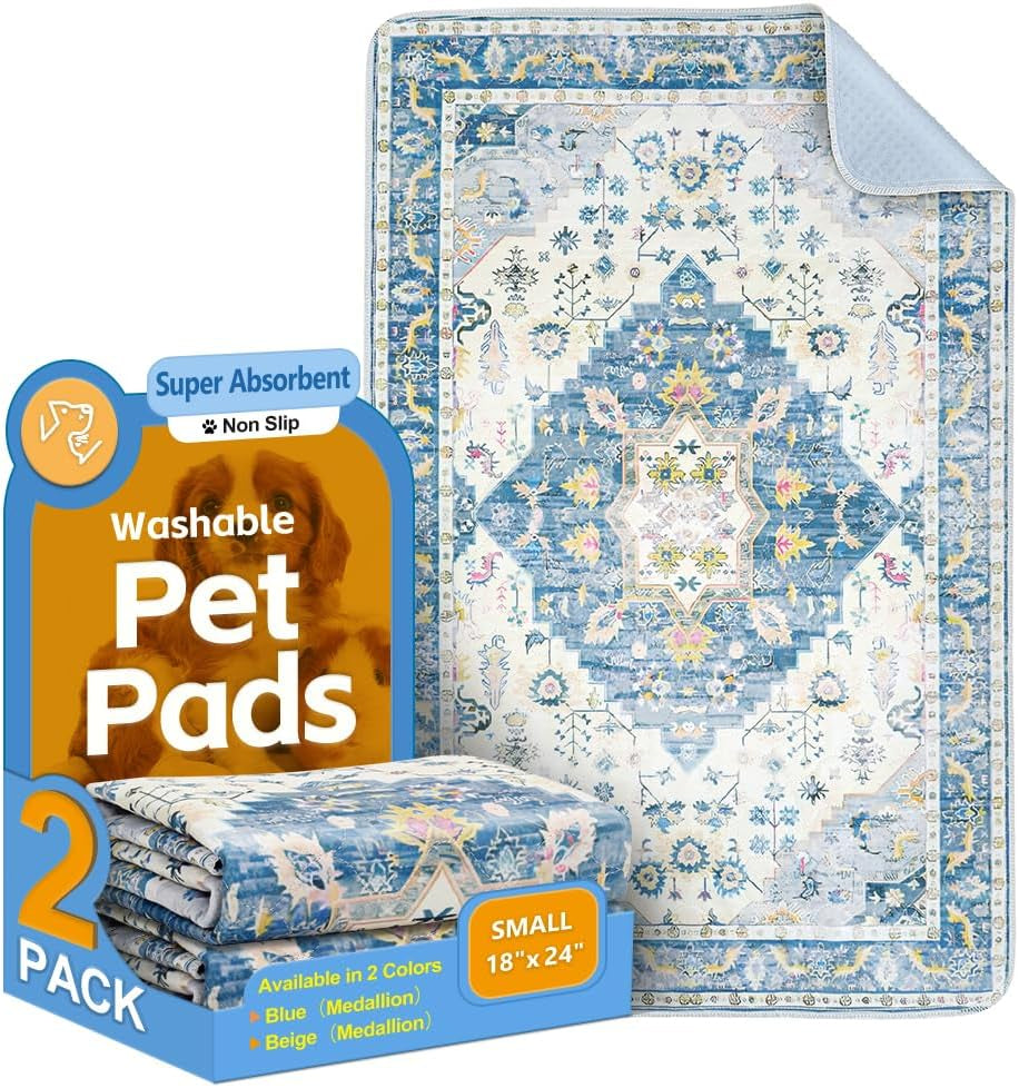 Washable Pee Pads for Dogs 2 Pack Reusable Puppy Training Pads 24"X18" Super Absorbent Waterproof Dog Training Pads, Non-Slip Potty Pads Whelping Pads Litter Mat Pet Supplies Blue