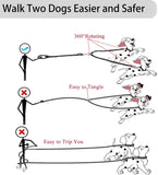 360° No Tangle Double Dog Leash, 2-In-1 Bungee Seatbelt Leash | 360°Tangle Free Coupler, Dual Padded Handles, Shock Bungee Buffer,Adjustable Fits M & L Dogs for Walking & Car Travel