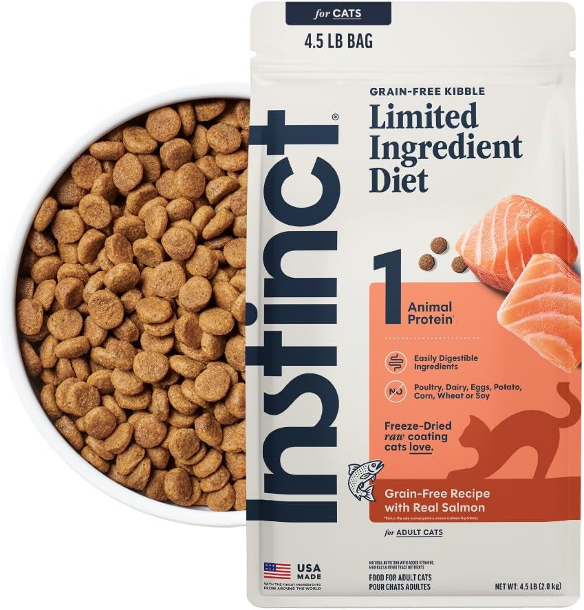 Limited Ingredient Diet Dry Cat Food, Real Salmon, 4.5 Lb. Bag | Single Animal Protein and Vegetable Recipe, Raw-Coated Kibble, Wild-Caught Salmon, Gentle on Sensitive Stomachs