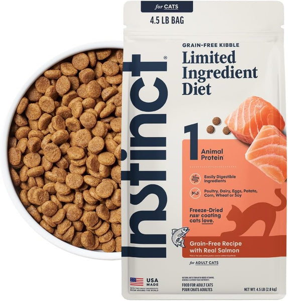 Limited Ingredient Diet Dry Cat Food, Real Salmon, 4.5 Lb. Bag | Single Animal Protein and Vegetable Recipe, Raw-Coated Kibble, Wild-Caught Salmon, Gentle on Sensitive Stomachs